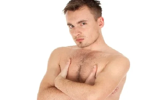 A man with a shirtless chest posing on a white background.