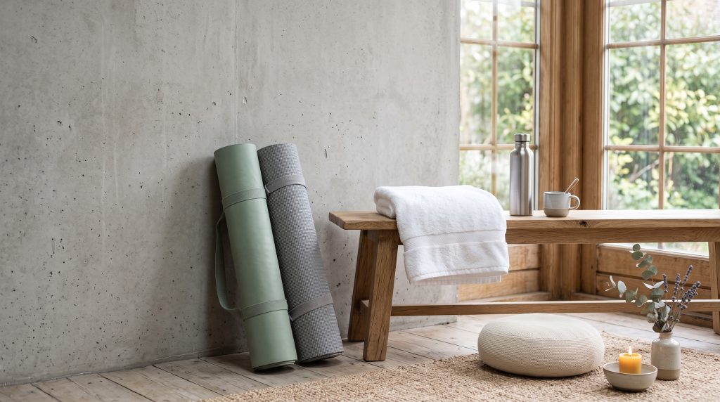 Minimalist gym corner with dumbbells and yoga mat — men's chest health guide, Gynecomastia LA