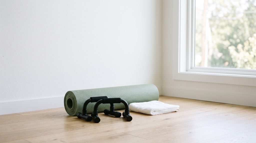 Home gym corner with push-up bars and exercise mat — chest exercises guide, Gynecomastia LA