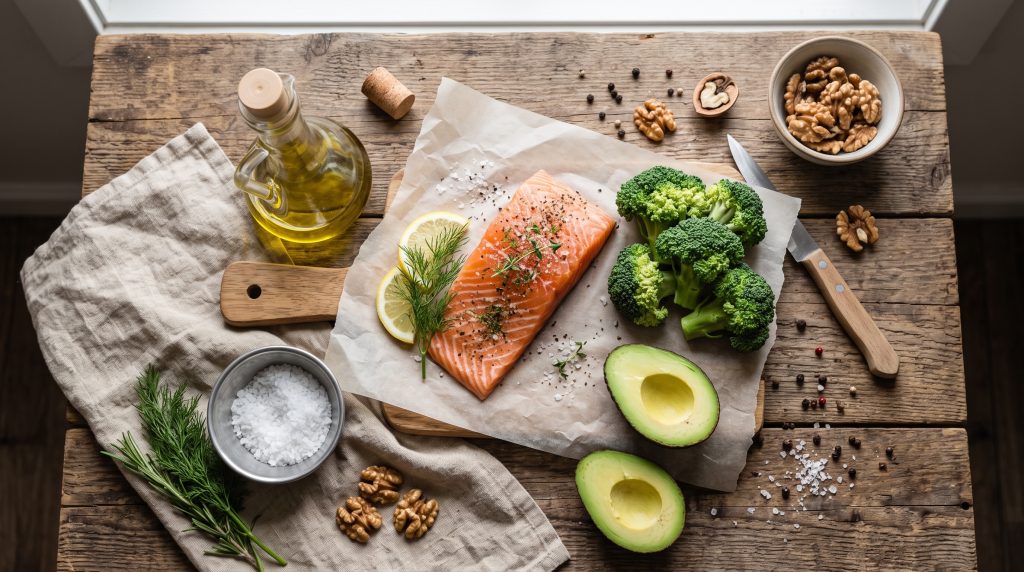 Balanced healthy meal flat-lay with salmon and vegetables — foods and gynecomastia, Gynecomastia LA