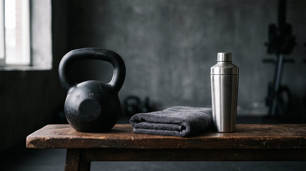 Kettlebell and towel gym still life — preventing gynecomastia on cycle, Gynecomastia LA